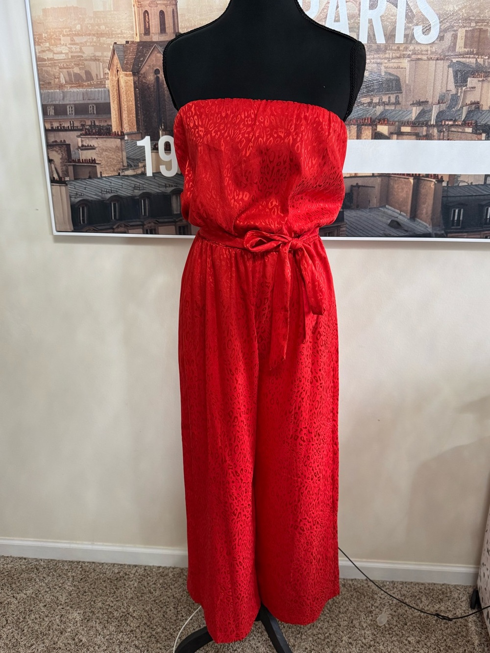 Strapless Red Satin Jumpsuit with Waist Tie